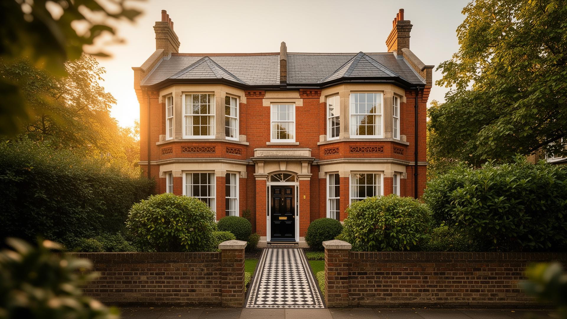 An Edwardian red-brick semi-detached home at golden hour